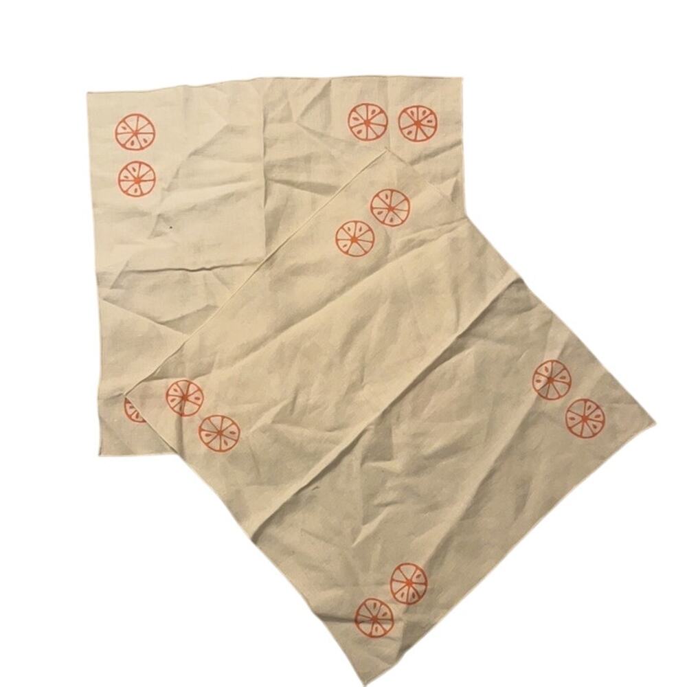Vintage Linen Cocktail Napkins Orange Wheel Print 15 Square Lot of 2 Table Decor